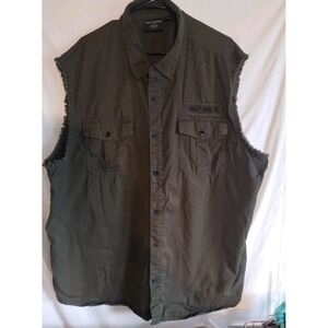 Harley Davidson Milwaukee Khaki Green Sleeveless Button Up Shirt Men's Size 3XL